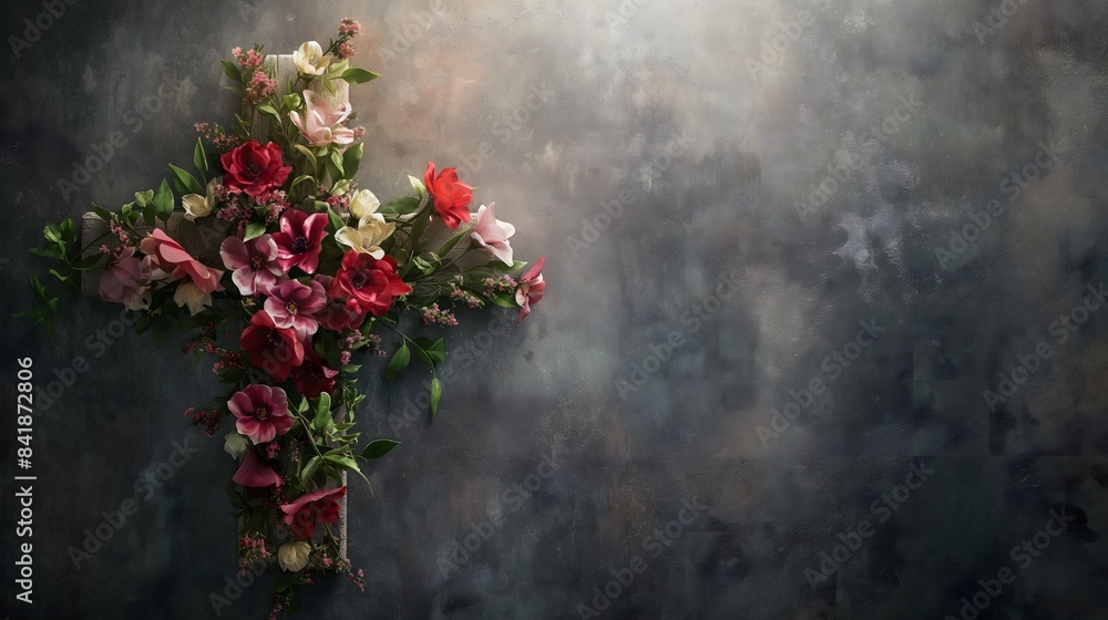 Poster 2. create a visual representation of a remembrance banner adorned with a floral cross, set against a