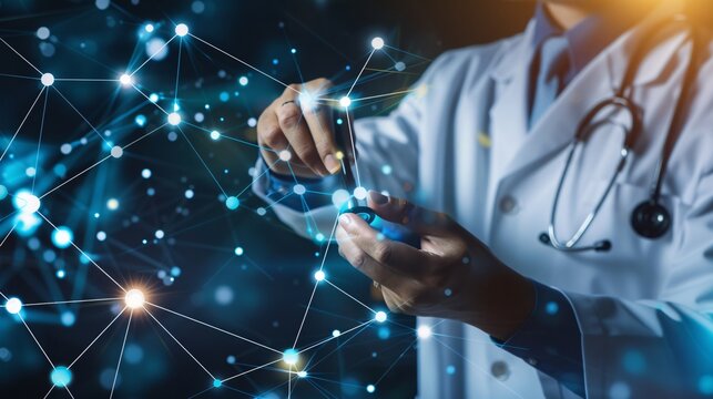 Medicine doctor interacting with UI and icon representing the future of medical technology, leveraging advancements for improved healthcare.