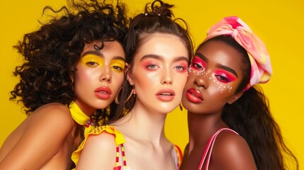 Fototapeta premium Striking poses against a sunny yellow backdrop, Gen Z models flaunt summer-themed makeup, from radiant blush to sunflower-inspired eyeshadow, showcasing beauty trends and self-expression.