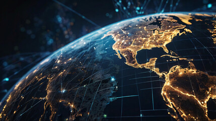 Global network center, ecological world globe centered , meaning high speed data transfer, cyber technology and international information exchange