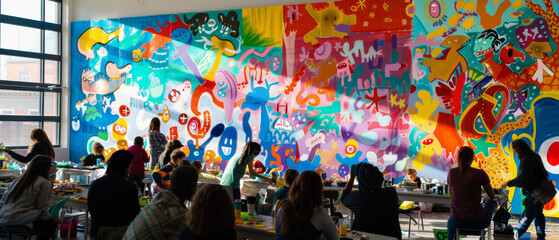A colorful classroom buzzing with creativity as children and adults collaborate on an expansive, vibrant mural filled with dynamic art.