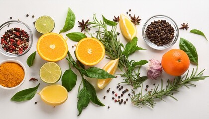 a flat lay of a variety of spices herbs and citrus fruits arranged artistically on a white...