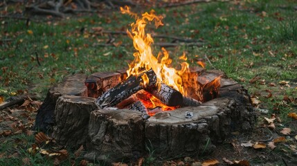 Bonfire with fire located at the center of the log