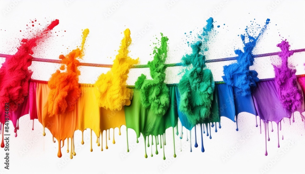 Wall mural colorful rainbow holi paint color powder explosion garland banner line isolated white wide panorama background peace rgb beautiful party concept