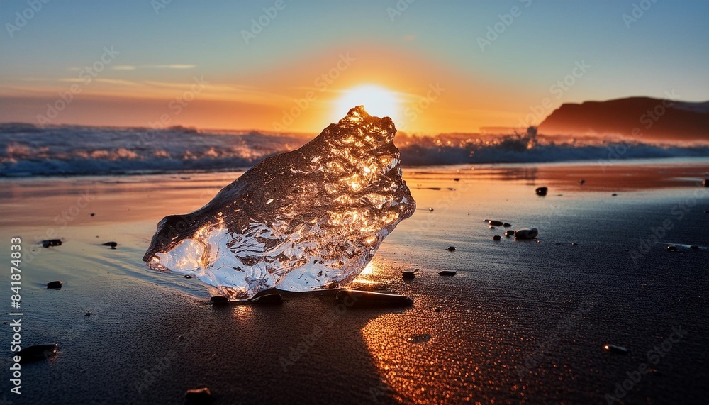 Wall mural reflection of an ice fragment on black sand beach illuminated orange by a setting sun in iceland - Wall murals