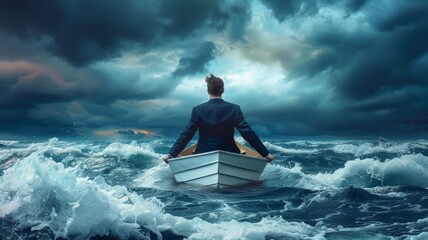 A lone businessman rows a small boat through a stormy sea, facing a dark and uncertain future.