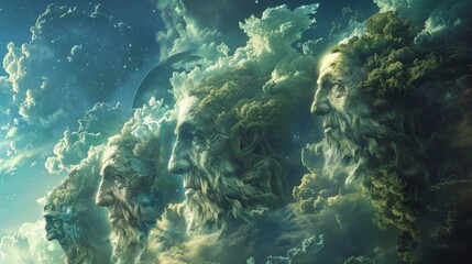 A group of four faces are on a mountain