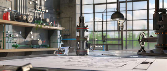 Naklejka premium A modern industrial workspace with mechanical parts and blueprints spread across a table, bathed in natural light filtering through large windows.