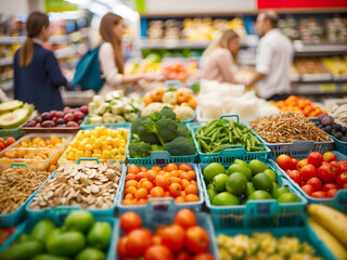 Obraz premium Supermarket shopping candid photo of people shopping for healthy alternatives, healthy lifestyle concept, vegetables and fruits, portrait