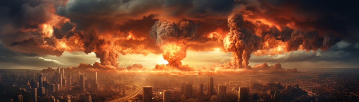 A large explosion has occurred in a city, with a huge cloud of smoke and ash rising into the sky. The city is in ruins, with buildings destroyed and cars scattered across the road