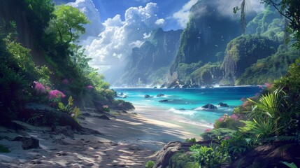 A beautiful beach scene with a mountain in the background