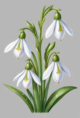 Fototapeta premium Snowdrop flower clipart, white background, illustration style, vector graphics, detailed illustrations, watercolor painting in the style of, high resolution, high quality, high detail, high definition