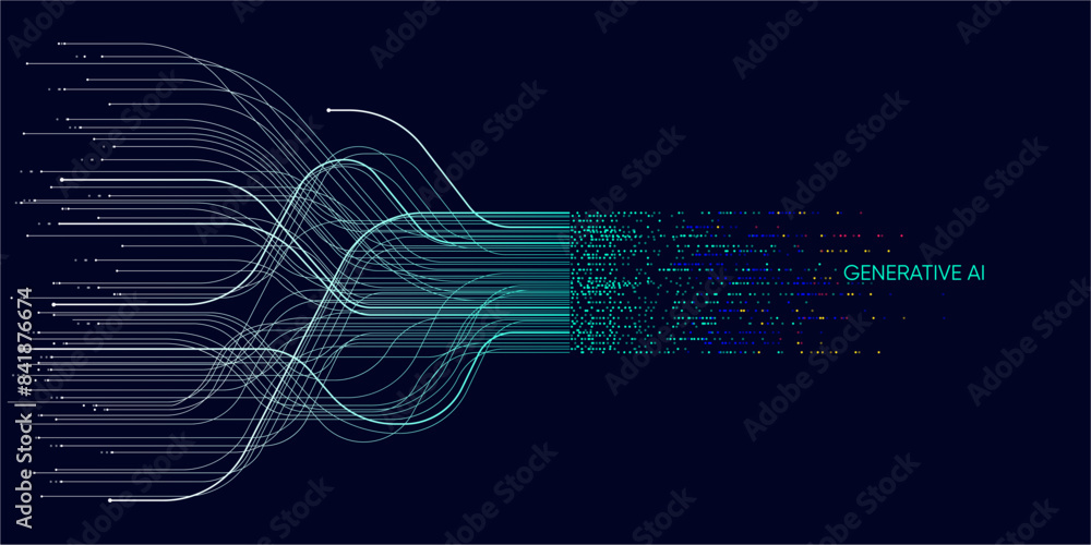 Poster illustration of abstract stream. artificial intelligence. big data, technology, ai, data transfer, d