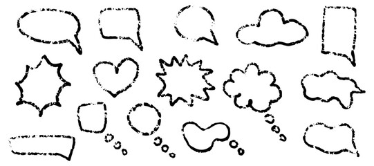 Set of line speech bubbles. Dialogue box in doodle style. Doodles drawing with wax or chalk marker. Text boxes for chats and games. Various talk balloon shapes in retro 90's style