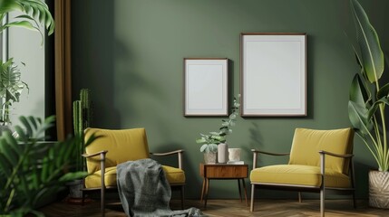 Poster frame mockup in dark olive color living room interior.