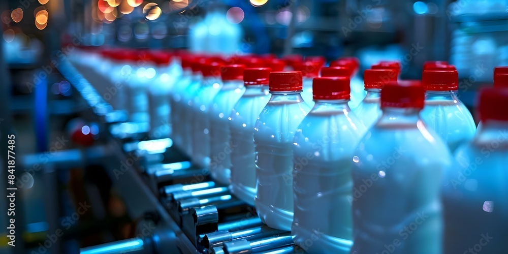 Poster streamlined milk bottling line in factory for efficient production process. concept factory automati