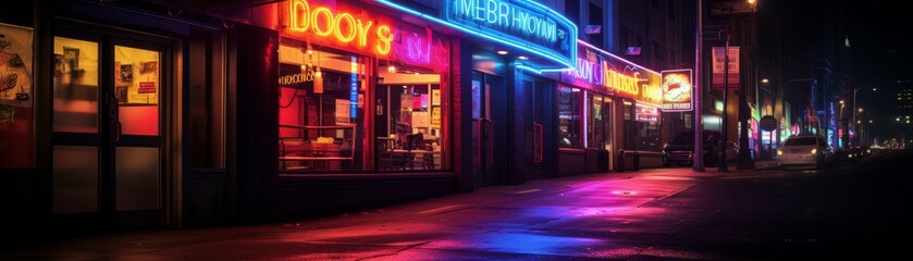 A neon lit city street with a neon sign for a bar. The street is wet from the rain and the neon lights reflect off the water