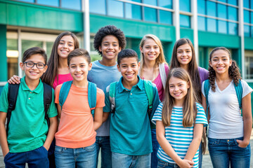 A group of diverse students standing in front of their school building
