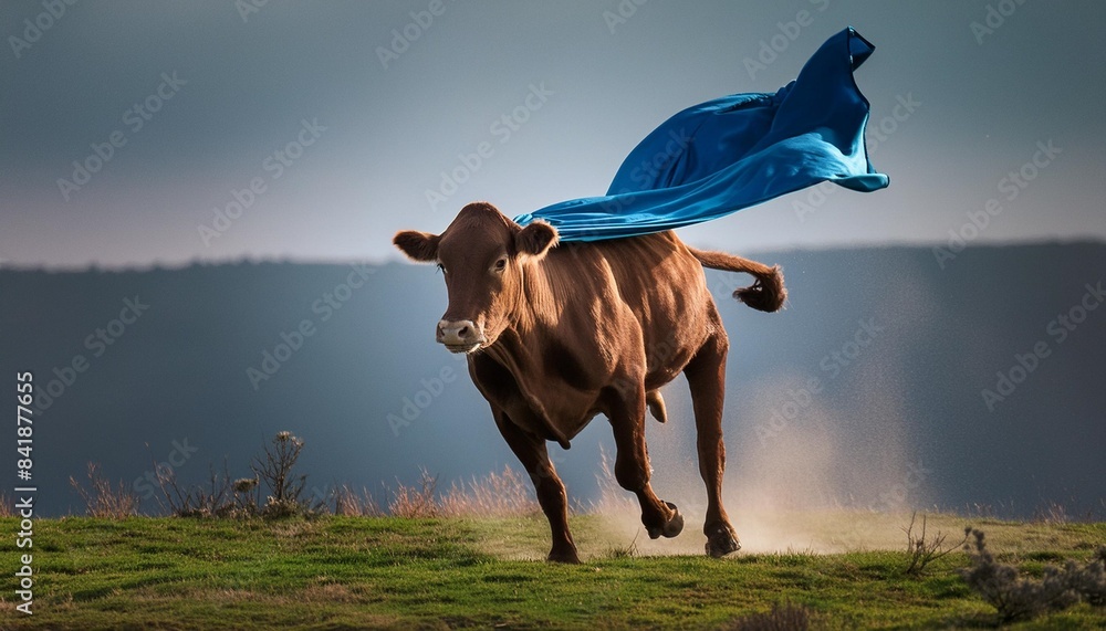 Wall mural super brown cow flying with cape cyan tones