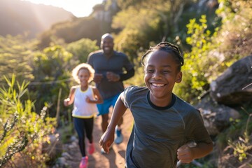Active Family Running on Beautiful Trail, Enjoying Morning Jog Together