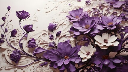 purple background is brought to life with delicate violet flowers and swirling patterns.