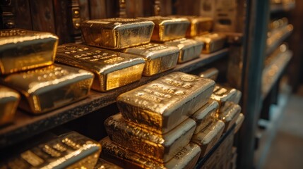 Pile of gold bar inside bank safe