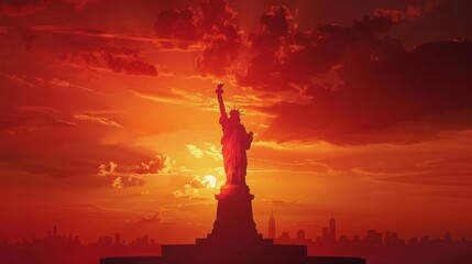 A dramatic poster featuring the silhouette of the Statue of Liberty against a sunset sky.