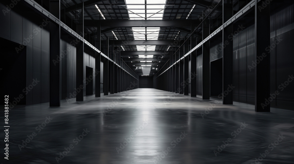 Poster big black empty clean warehouse. background image. created with generative ai technology.