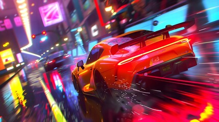 A car is racing down a wet street with neon lights in the background. The car is yellow and he is going fast