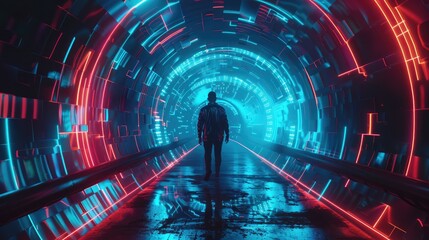 The image shows a man walking through a dark tunnel. The tunnel is lit up by red and blue lights....