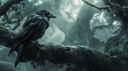 Fototapeta premium A black crow is perched on a tree branch in a dark forest