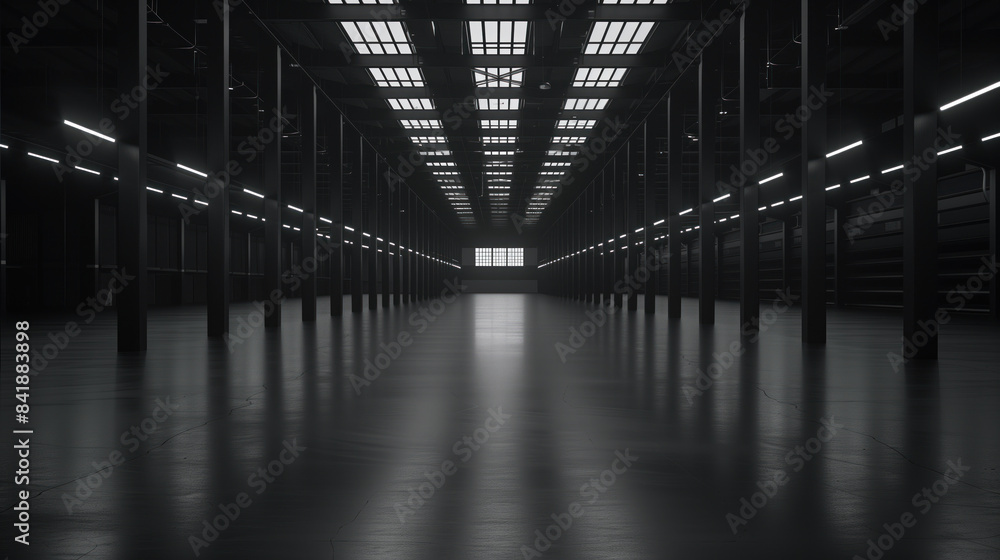 Poster big black empty clean warehouse. background image. created with generative ai technology.