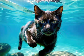 Obraz premium A black cat swims underwater in the sea.