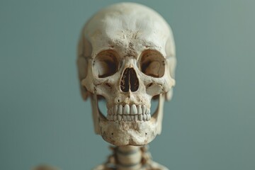 Fototapeta premium A close-up view of a skeleton's face on a blue background, suitable for Halloween or spooky-themed designs