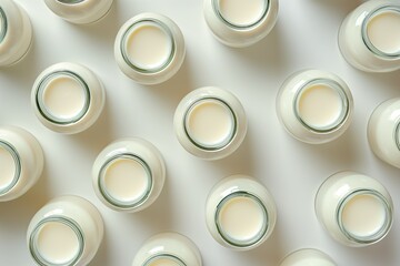 A flat lay of glass bottles filled with milk, arranged in a symmetrical pattern on a white background.