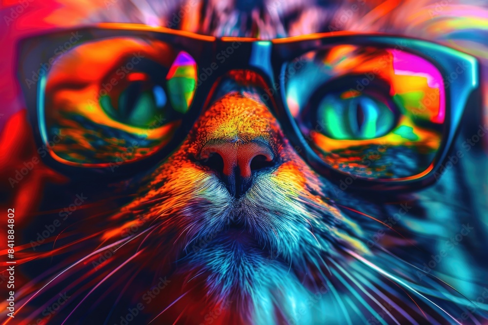 Poster a close-up photo of a cat wearing sunglasses, perfect for use in humorous or playful contexts