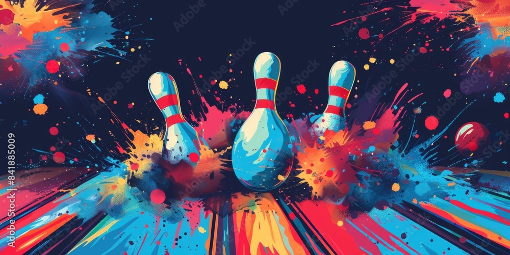 Poster A colorful illustration of a bowling ball crashing into a set of pins, creating a dynamic and energetic scene