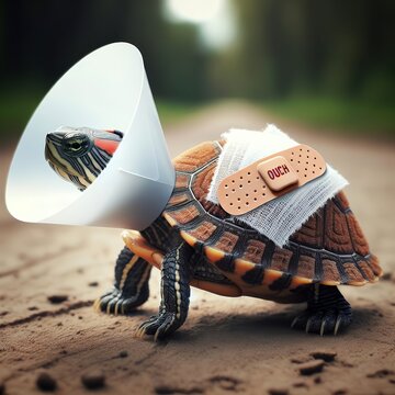 A turtle with a white cone around its neck and a bandage that has the word "ouch" on its shell walking on a dirt road