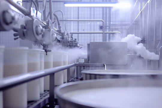 A factory brimming with cascades of white liquid undergoing rapid steam treatment.