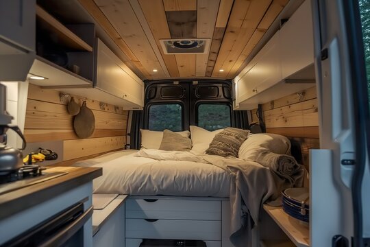 The interior of a campervan, featuring a bed with pillows and a blanket, wooden walls, and cabinets.