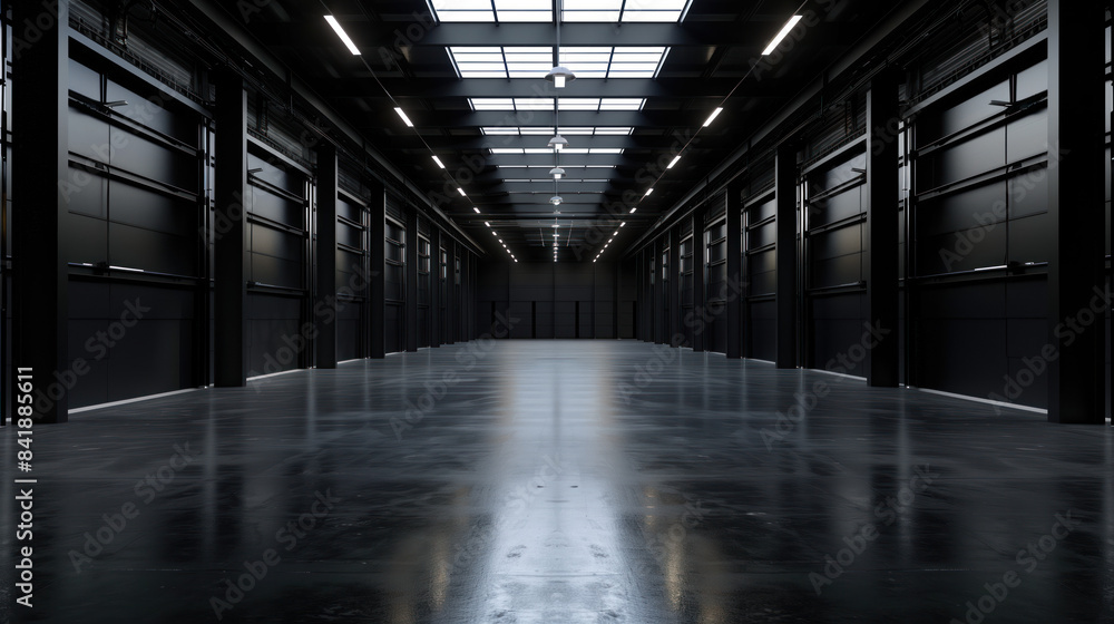 Poster big black empty clean warehouse. background image. created with generative ai technology.