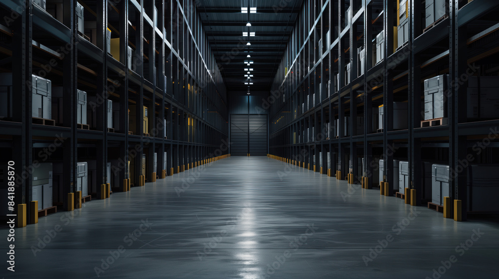 Poster big black empty clean warehouse. background image. created with generative ai technology.