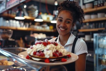 Naklejka premium A woman holds a plate with a delicious-looking cake