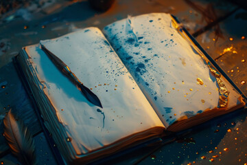 Blank pages of an ancient journal with a quill pen, golden ink drops, glowing blue ink on a wood table, dynamic view, cinematic lighting.