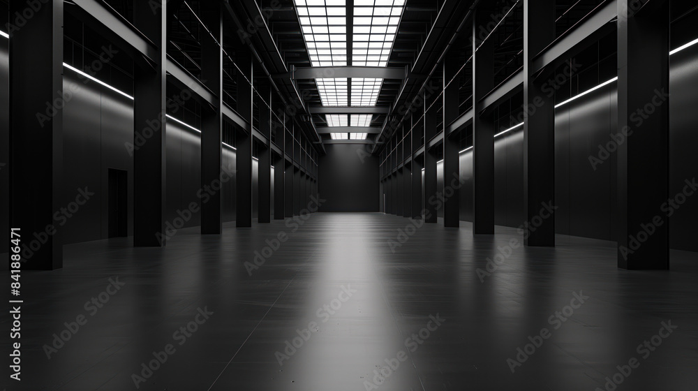 Poster big black empty clean warehouse. background image. created with generative ai technology.