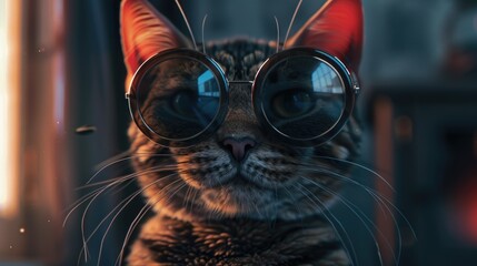 Naklejka premium Close-up shot of a curious cat wearing glasses, looking directly at the camera