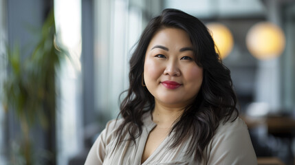 Obraz premium copy space, stockphoto, plus size asian businesswoman in an office environment. Succesful hispanic business woman standing in an office. Confident successful woman.