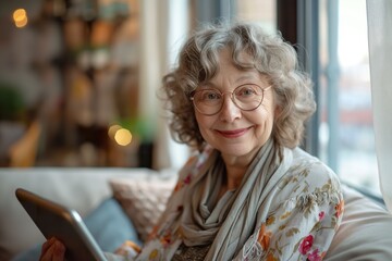 An elderly woman with graying curly hair and glasses smiles serenely while holding a tablet.