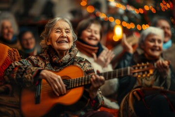 Obraz premium An elderly woman smiles brightly as she strums a guitar, surrounded by other people enjoying the festive atmosphere.