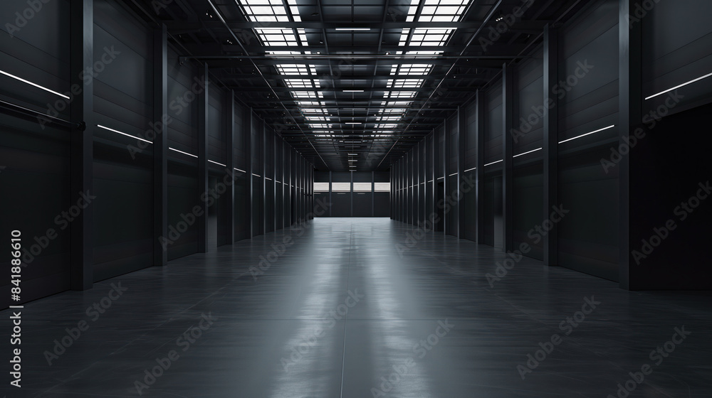Poster big black empty clean warehouse. background image. created with generative ai technology.